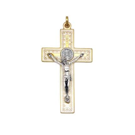 配件十字架-圣本笃-带装饰图案-金色-珐琅处理-7.5x4.2cm-白色