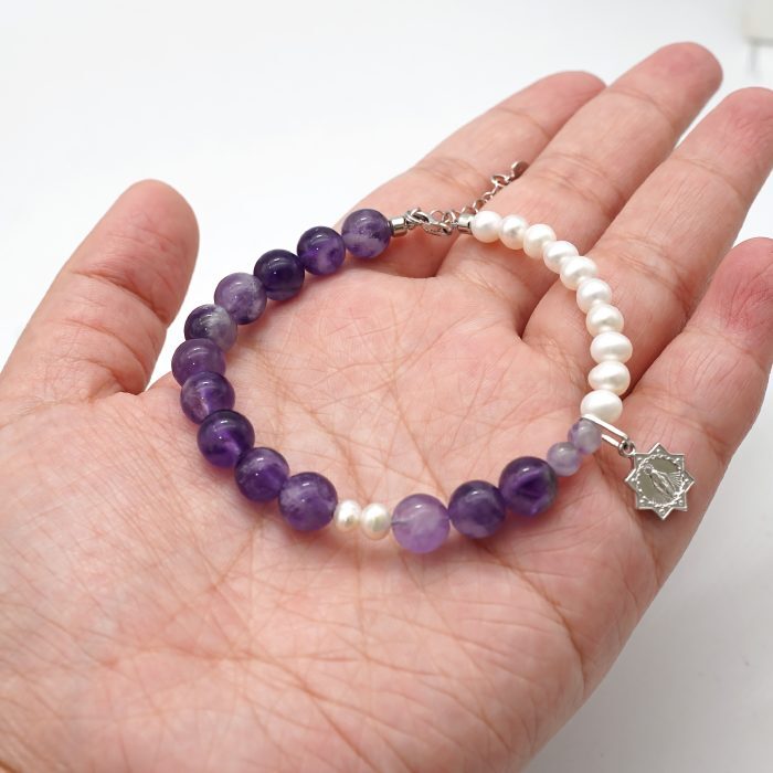 紫水晶-珍珠-925银圣牌-龙虾扣-8mm Catholic religious art